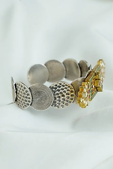 Gold Finish Kundan Polki Enameled Cuff In Sterling Silver