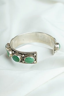 Antique Silver Finish Green Turquoise Stone Cuff In Sterling Silver