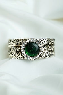 Silver Finish Emerald Green Gemstone Chittai Openable Cuff In Sterling Silver