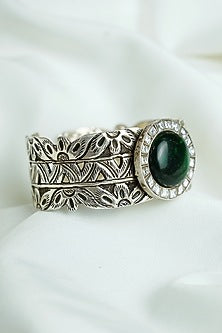 Silver Finish Emerald Green Gemstone Chittai Openable Cuff In Sterling Silver