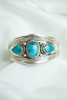 Silver Finish Turquoise Gemstones Openable Cuff In Sterling Silver