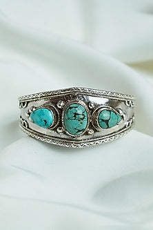 Silver Finish Turquoise Stone Openable Cuff In Sterling Silver