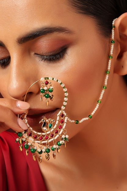 Gold Tone Peacock Nath with Bead Drops 