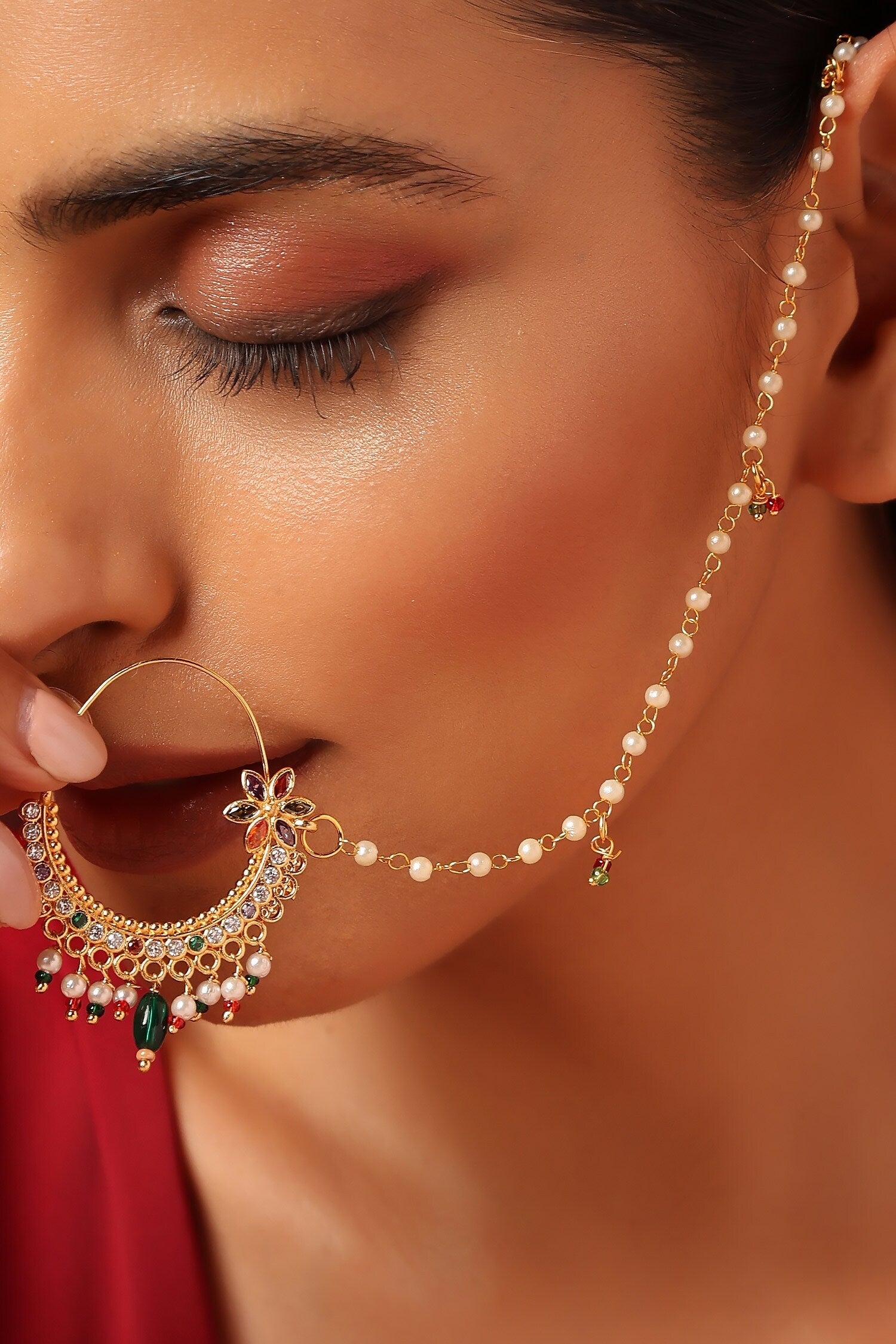 Gold Tone Floral Pearl Nose Ring 