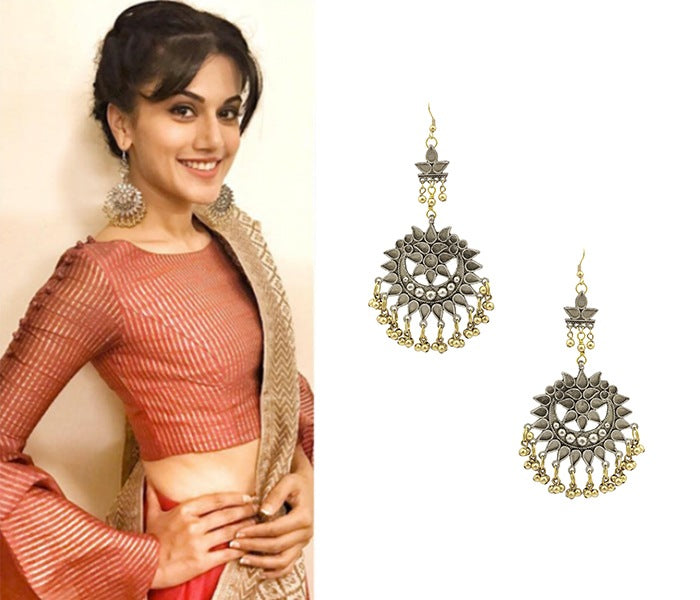Silver Plated Cutwork Motif Gold Ghungroo Earrings