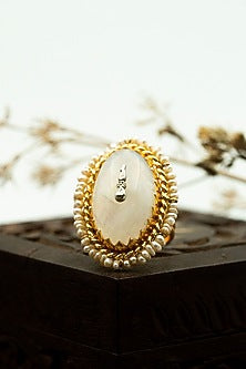 Gold Finish Moonstone & Pearl Ring In Sterling Silver