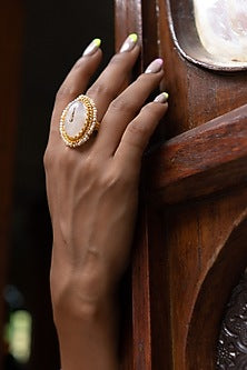 Gold Finish Moonstone & Pearl Ring In Sterling Silver