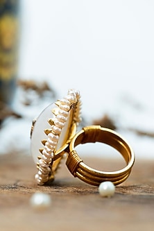 Gold Finish Moonstone & Pearl Ring In Sterling Silver