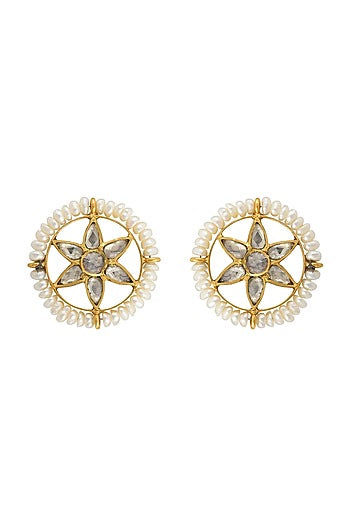 Gold Finish Handcrafted Pearl Stud Earrings In Sterling Silver