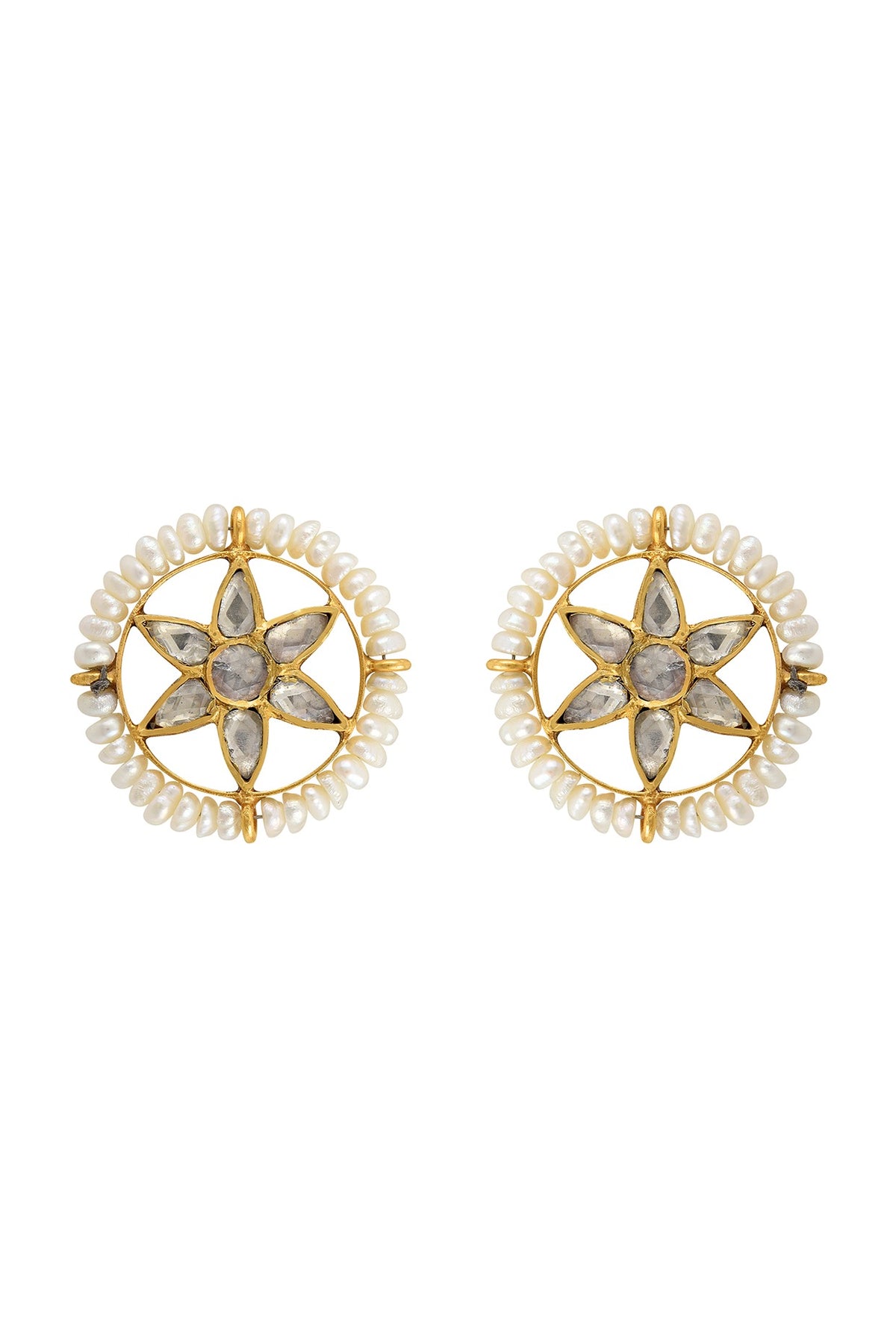 Gold Finish Handcrafted Pearl Stud Earrings In Sterling Silver
