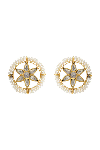 Gold Finish Handcrafted Pearl Stud Earrings In Sterling Silver