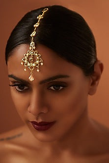 Gold Finish Heritage Maroon Stone Maang Tikka