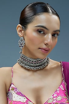 Oxidised Silver Finish Imitation Kundan Polki Necklace Set