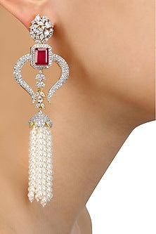 Rhodium and Gold Dual Finish White Sapphire and Ruby Tassle Earrings