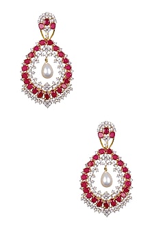 Gold Finish Sapphire with Burmese Ruby Round Earrings
