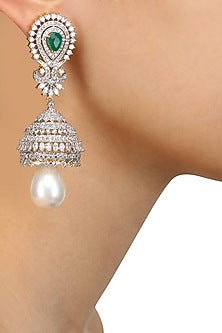 Rhodium and Gold Dual Finish Sapphire and Emerald Stone Earrings