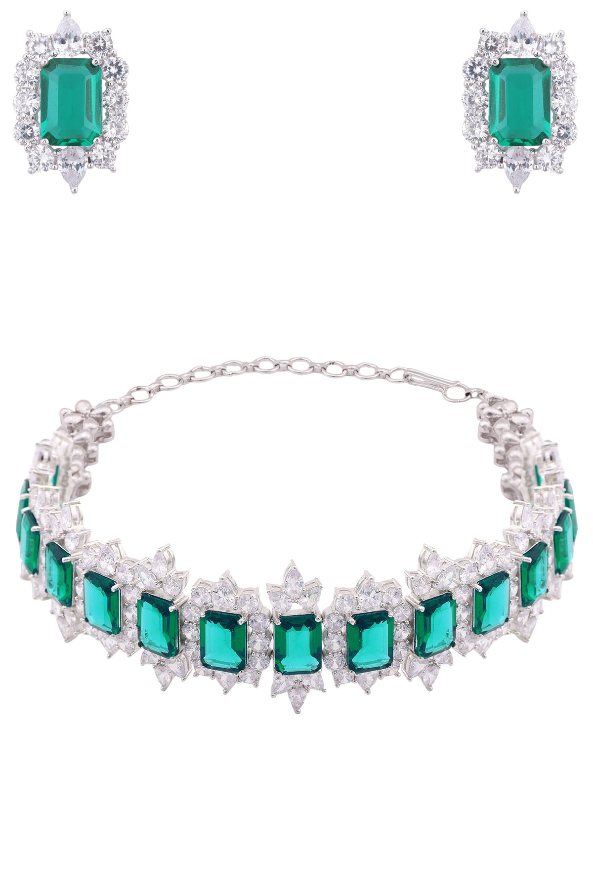 White Finish Sapphire & Emerald Adjustable Chocker Necklace Set