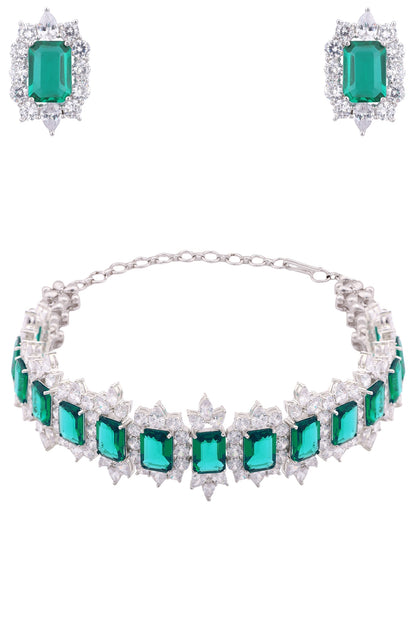 White Finish Sapphire & Emerald Adjustable Chocker Necklace Set
