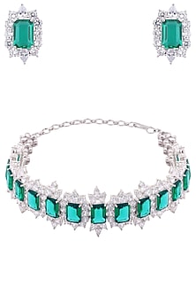 White Finish Sapphire & Emerald Adjustable Chocker Necklace Set