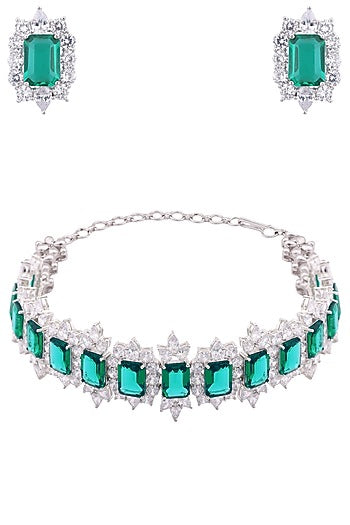 White Finish Sapphire & Emerald Adjustable Chocker Necklace Set
