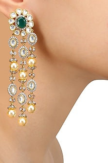Gold Finish White Sapphire and Emerald Chandelier Earrings