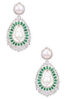 Dual Finish White Sapphire, Emerald and Barouque Pearl Earrings