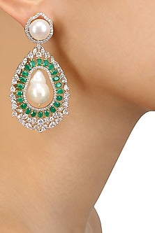 Dual Finish White Sapphire, Emerald and Barouque Pearl Earrings