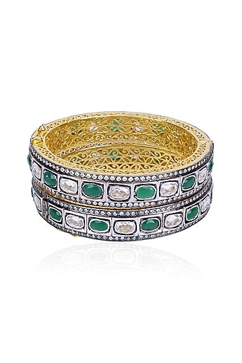 Set of Rhodium Finish Emerald and White Sapphire Bangles