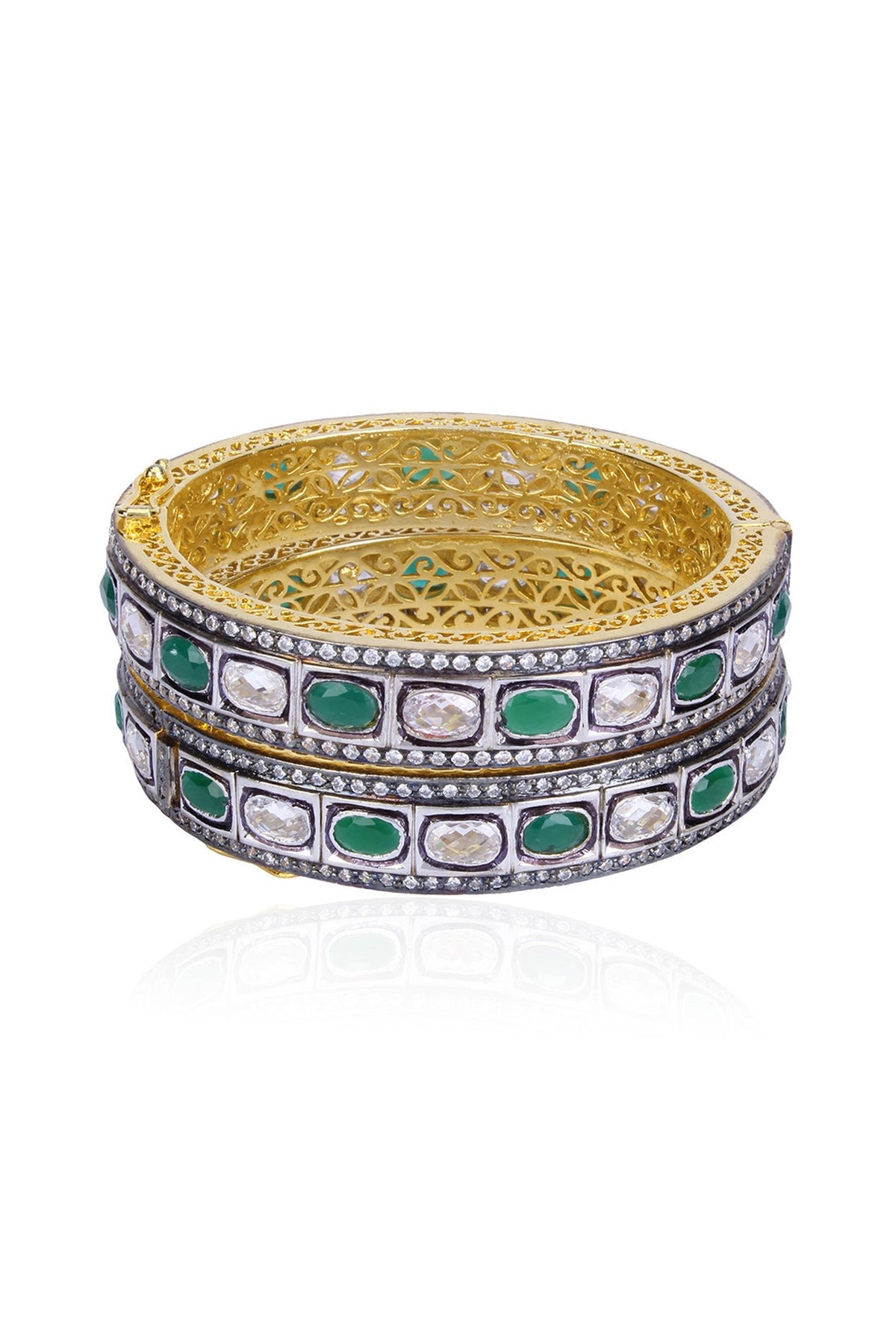 Set of Rhodium Finish Emerald and White Sapphire Bangles