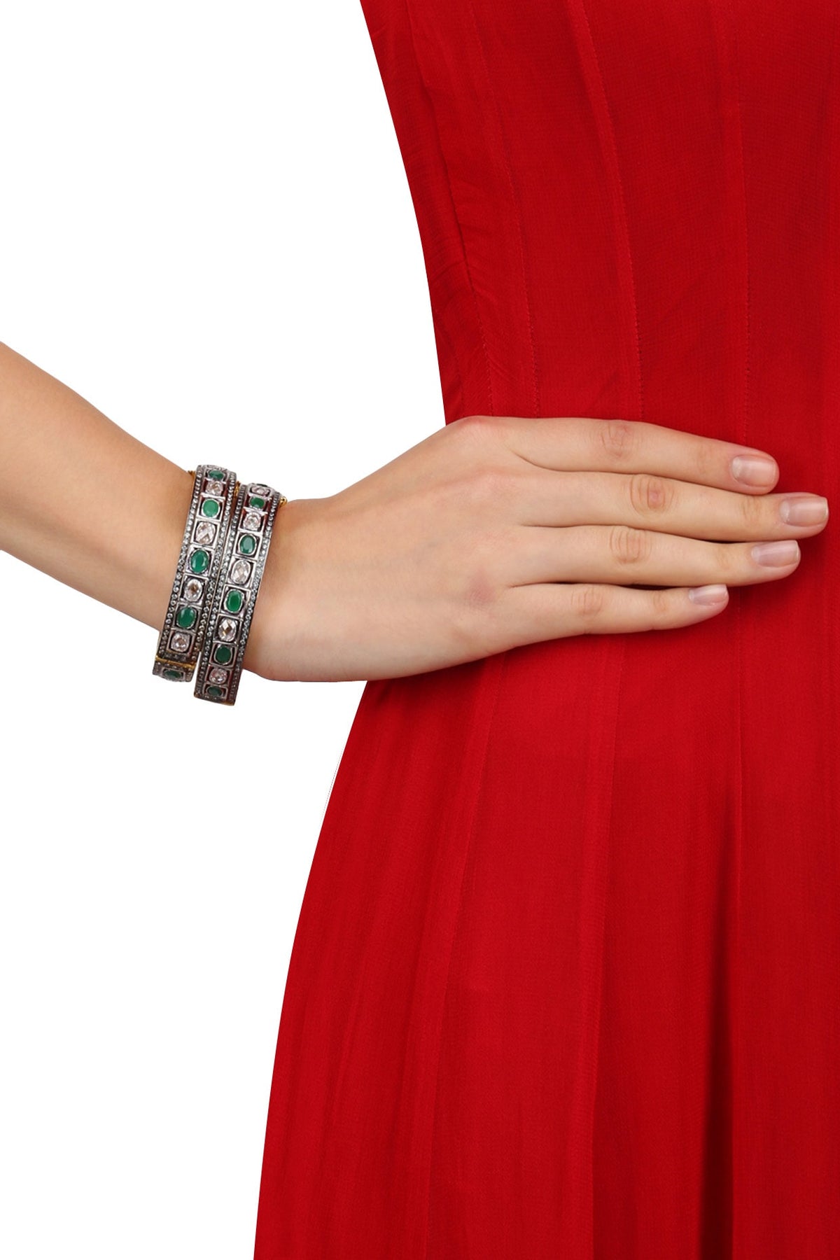 Set of Rhodium Finish Emerald and White Sapphire Bangles