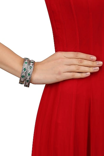Set of Rhodium Finish Emerald and White Sapphire Bangles