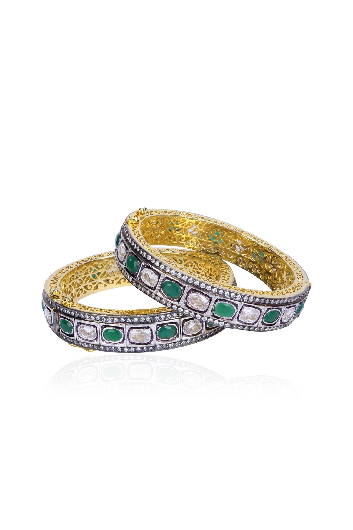 Set of Rhodium Finish Emerald and White Sapphire Bangles