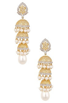 White and Gold Dual Finish Triple Graded Jhumki Earrings
