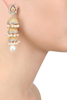 White and Gold Dual Finish Triple Graded Jhumki Earrings