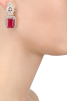 White and Gold Dual Finish Marquise White Sapphires and Ruby Earrings
