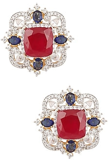 Gold Finish Ruby, Blue and White Sapphire Ear Studs
