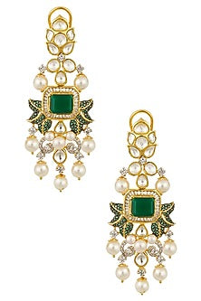 White and Gold Dual Finish Kundan and Emerald Earrings