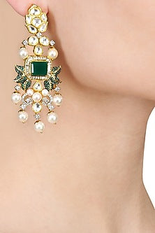 White and Gold Dual Finish Kundan and Emerald Earrings