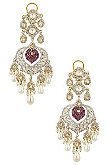 Silver Finish Kundan, White Sappire and Ruby Earrings