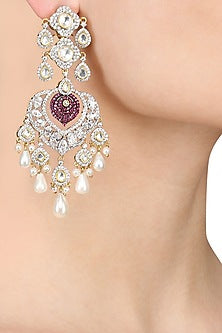 Silver Finish Kundan, White Sappire and Ruby Earrings