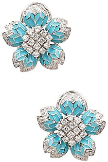 Rhodium Finish Turquoise Enamel White Sapphire Earrings
