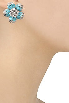 Rhodium Finish Turquoise Enamel White Sapphire Earrings