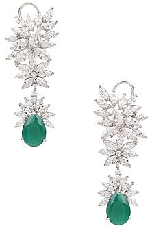 Rhodium Finish White Sapphire and Emrald Teardrop Earrings