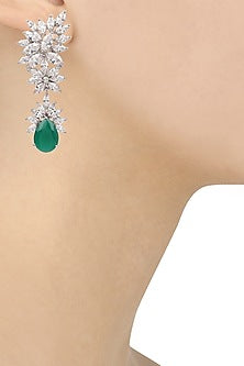 Rhodium Finish White Sapphire and Emrald Teardrop Earrings