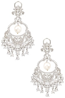 Rhodium Finish Sapphire and Pearl Cocktail Earrings