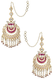 Gold Finish Kundan, Ruby and Pearl Chandbali Earrings