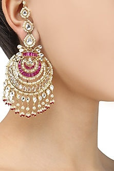 Gold Finish Kundan, Ruby and Pearl Chandbali Earrings