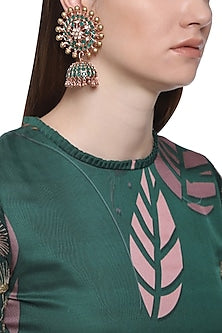 Gold plated kundan, emeralds and shell pearl earrings
