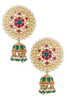 Gold plated kundan, emeralds, ruby and shell pearl earrings