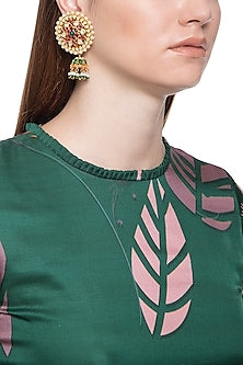 Gold plated kundan, emeralds, ruby and shell pearl earrings